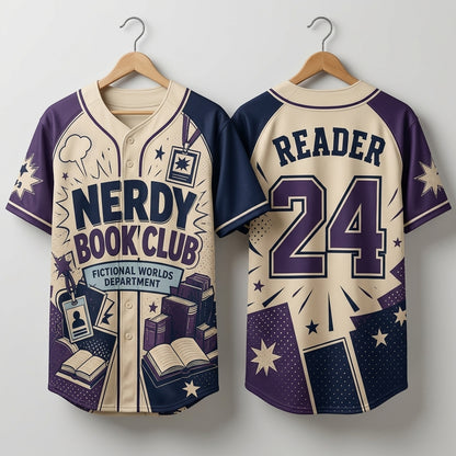 Personalized Nerdy Book Club Baseball Jersey - Custom Name and Number Fictional Worlds Reader Gift
