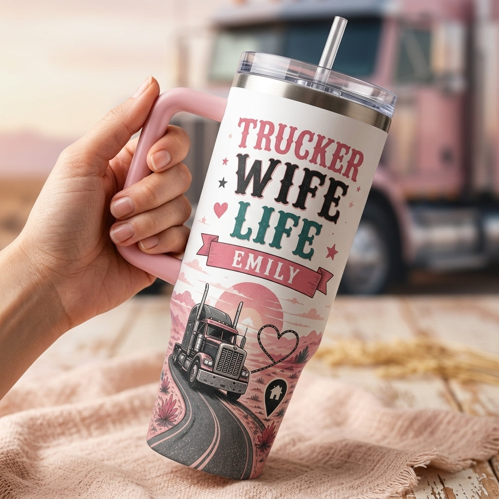 Personalized Trucker Wife Life 40oz Tumbler with Handle - Custom Name Long Haul Love Gift