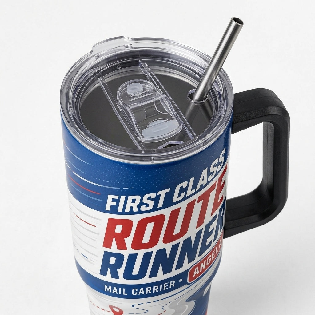 Personalized First Class Route Runner Mail Carrier 40oz Tumbler with Handle - Custom Postal Worker Gift