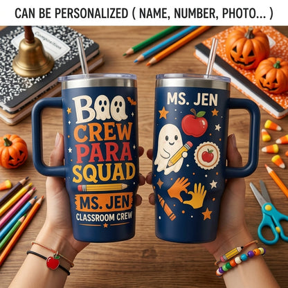 Personalized Boo Crew Para Squad 40oz Tumbler with Handle - Custom Teacher Halloween Paraprofessional Gift