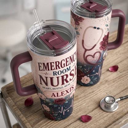 Personalized Emergency Room Nurse 40oz Tumbler with Handle - Custom Name Floral ER Nurse Gift