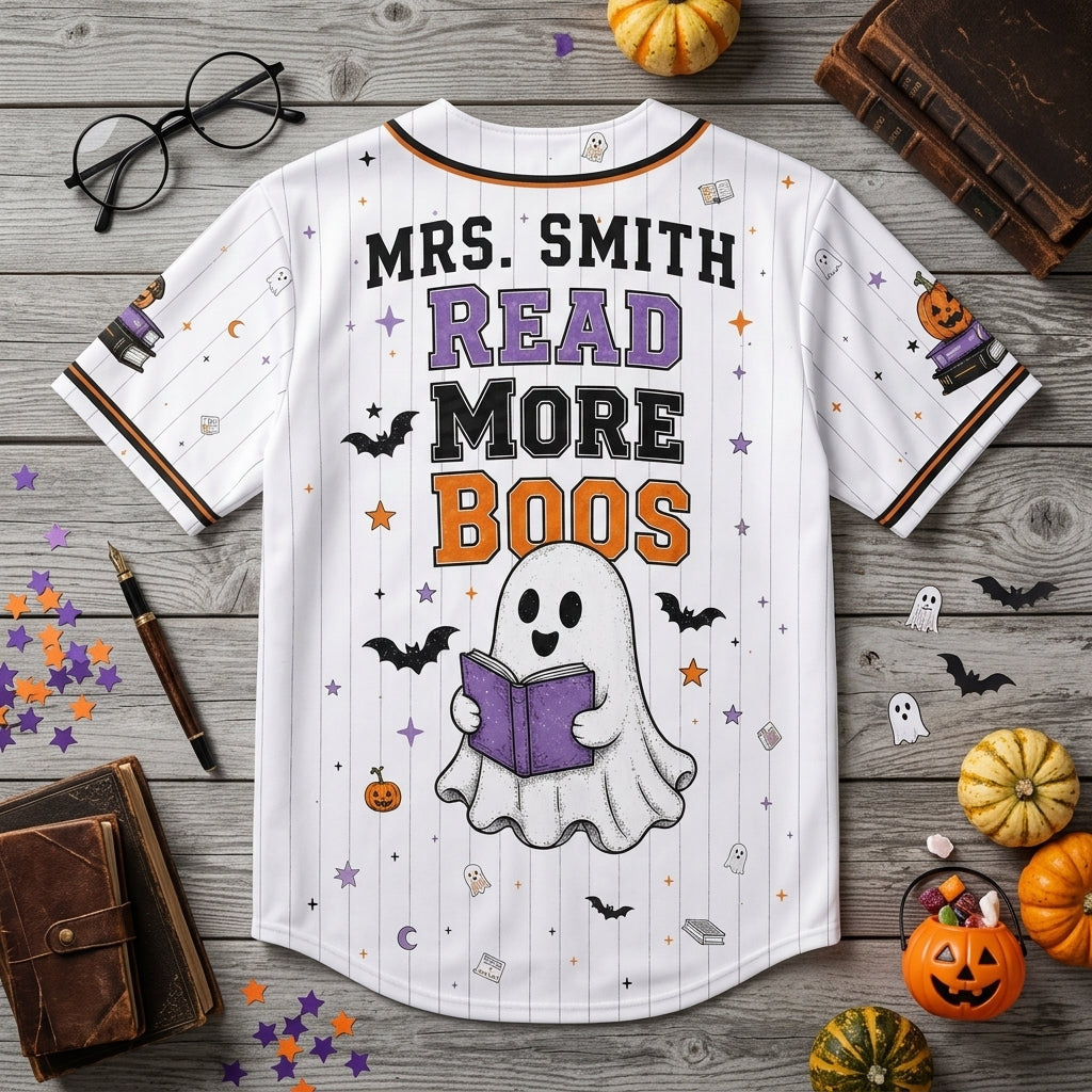 Personalized Read More Boos Halloween Baseball Jersey - Custom Teacher Name Ghost Reading Shirt for Librarians