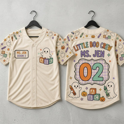 Personalized Little Boo Crew Teacher Halloween Baseball Jersey - Custom Name & Classroom Number Ghost Shirt