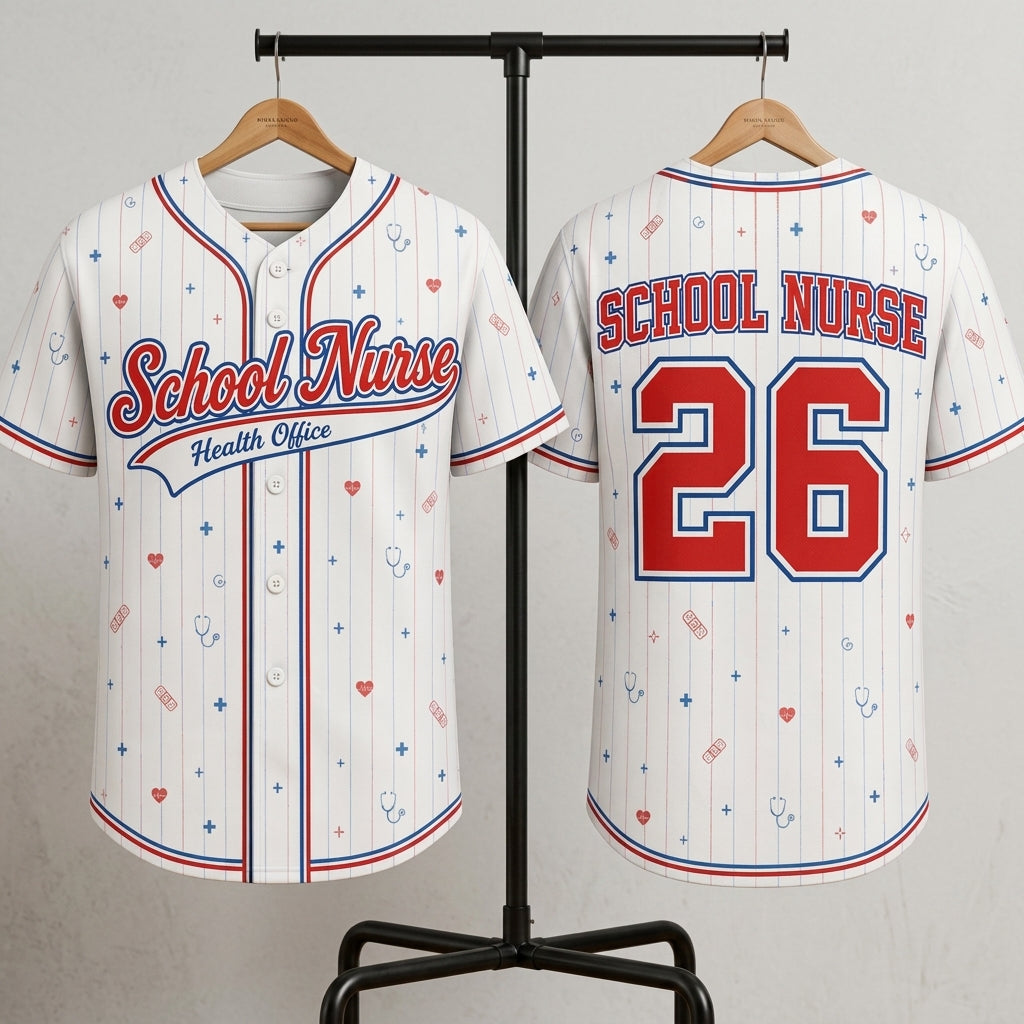 Personalized School Nurse Baseball Jersey - Custom Name & Number Medical Health Office Spirit Wear