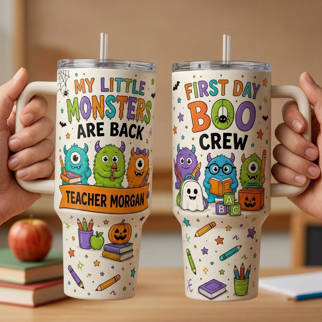Personalized Teacher Halloween Tumbler 40oz with Handle - My Little Monsters Are Back First Day Boo Crew