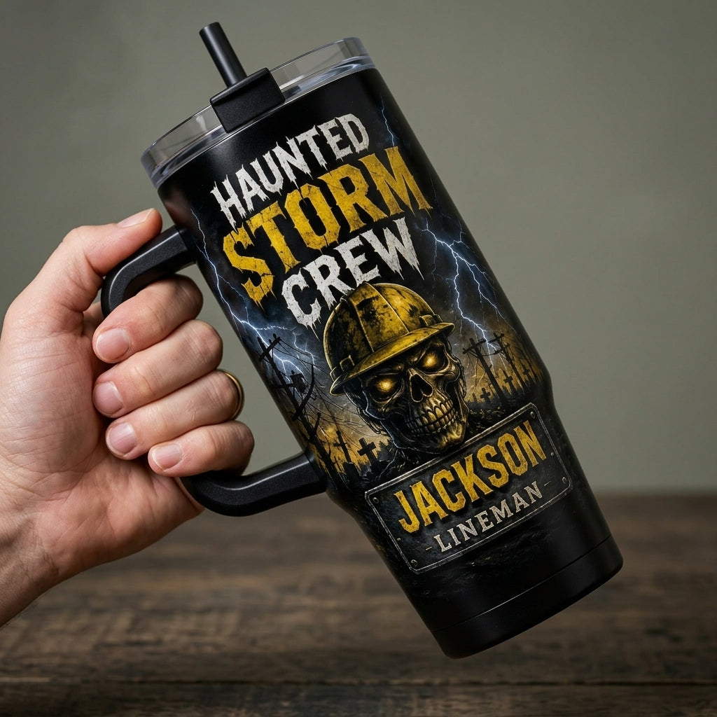Personalized Haunted Storm Crew Lineman 40oz Tumbler with Handle, Custom Name Utility Worker Gift