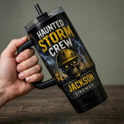 Personalized Haunted Storm Crew Lineman 40oz Tumbler with Handle, Custom Name Utility Worker Gift