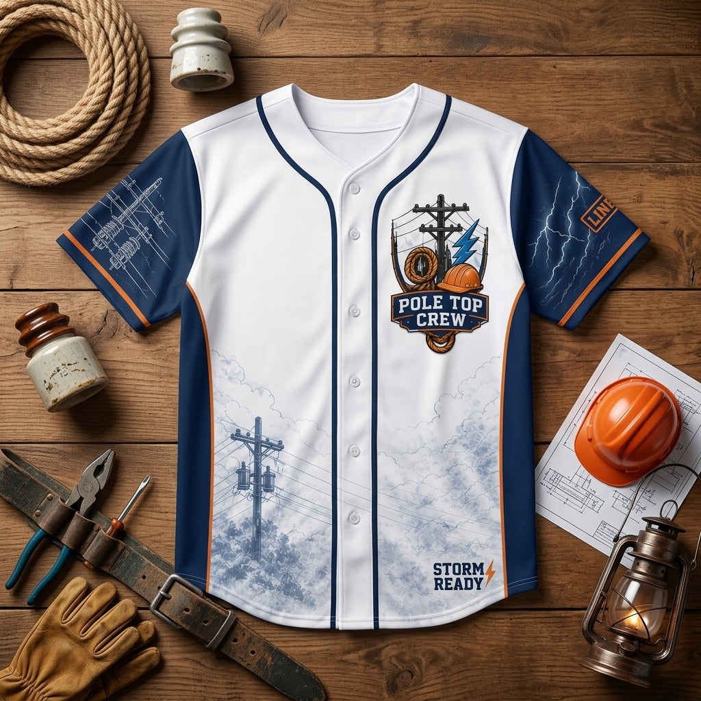 Personalized Pole Top Crew Lineman Baseball Jersey - Custom Name and Number Utility Worker Storm Ready Shirt product view 4