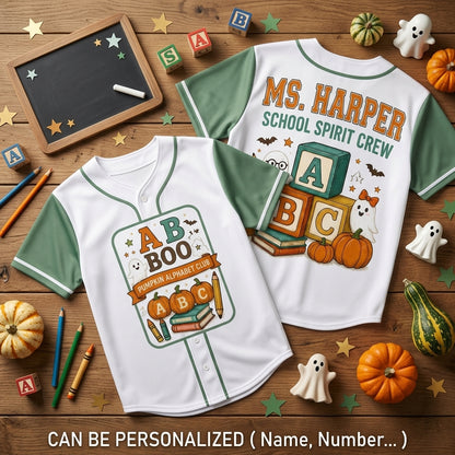 Personalized Teacher Halloween Baseball Jersey - Custom Name School Spirit Crew Pumpkin Alphabet Club Shirt