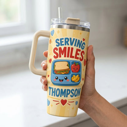 Personalized Lunch Lady Tumbler 40oz with Handle Serving Smiles Custom Name Cafeteria Gift