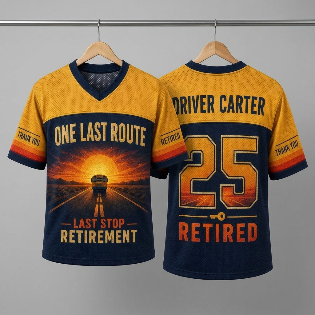Personalized School Bus Driver Retirement Football Jersey - Custom Name & Number - One Last Route Gift