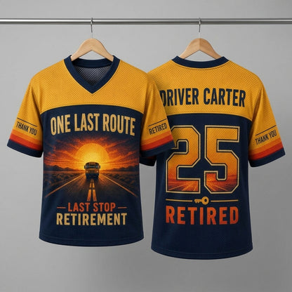 Personalized School Bus Driver Retirement Football Jersey - Custom Name & Number - One Last Route Gift