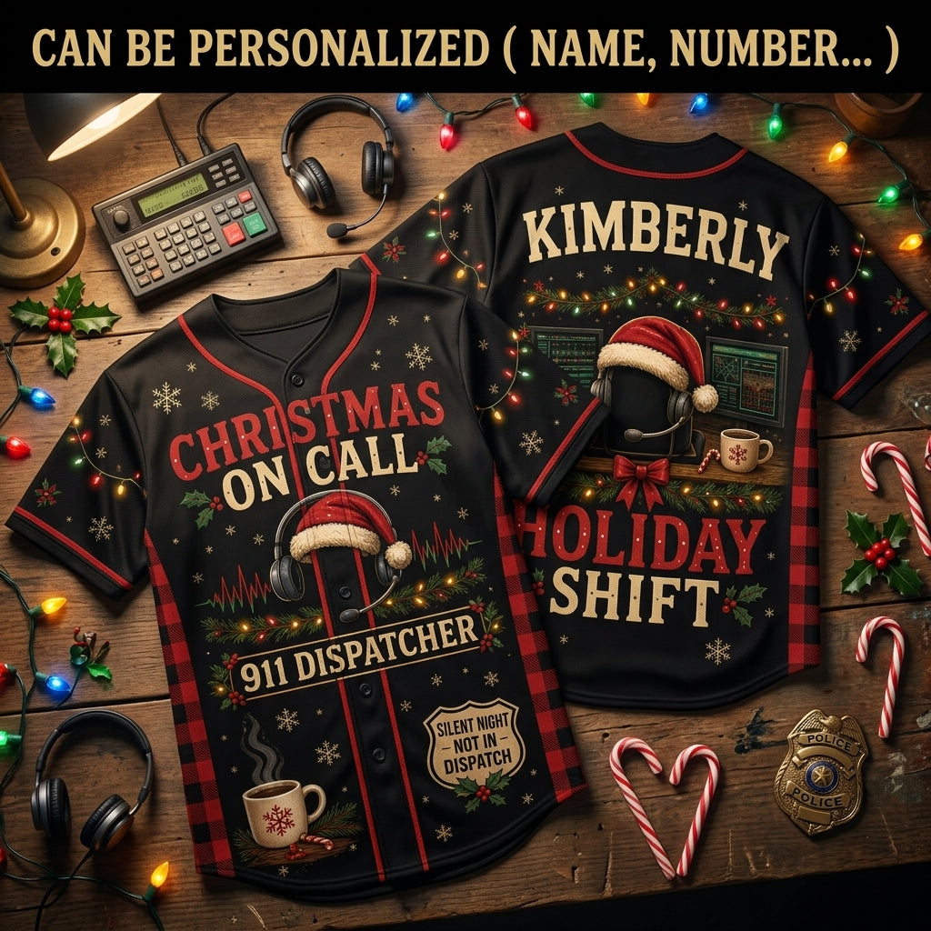 Personalized 911 Dispatcher Christmas On Call Baseball Jersey - Custom Name Holiday Shift Gift