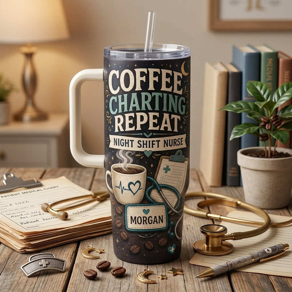 Personalized Night Shift Nurse 40oz Tumbler with Handle - Coffee Charting Repeat Custom Name Gift