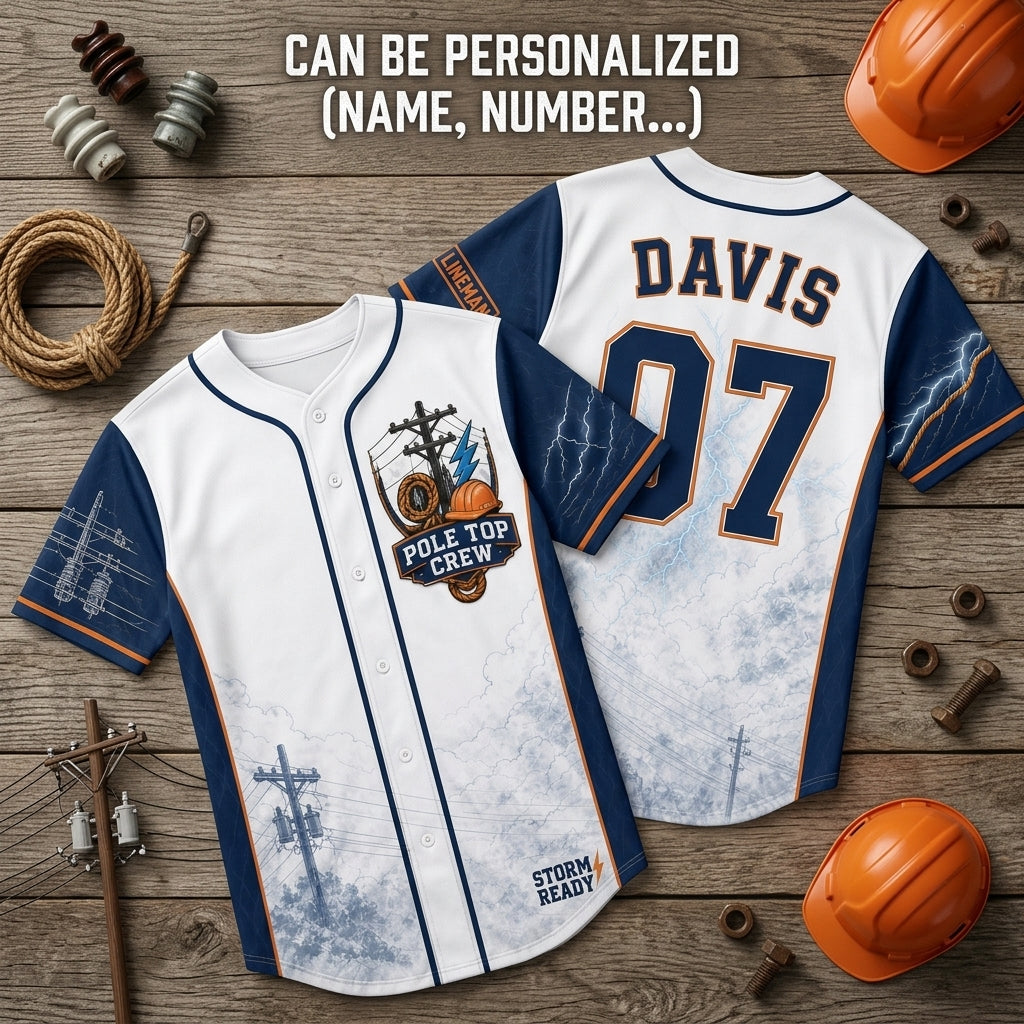 Personalized Pole Top Crew Lineman Baseball Jersey - Custom Name and Number Utility Worker Storm Ready Shirt