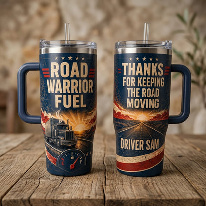 Personalized Trucker 40oz Tumbler with Handle - Road Warrior Fuel Custom Name Gift
