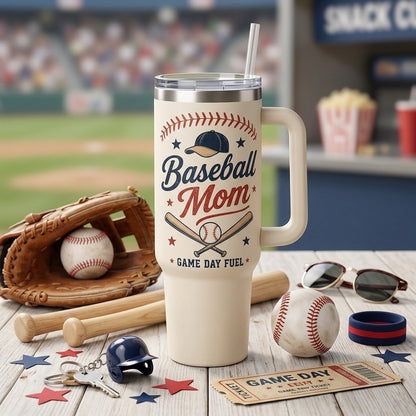 Personalized Baseball Mom 40oz Tumbler with Handle - Custom Name and Number Game Day Fuel Mug