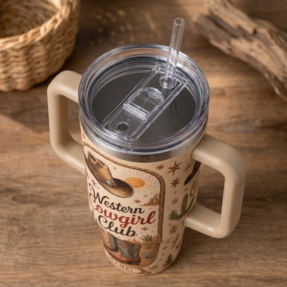Personalized Western Cowgirl Club 40oz Tumbler with Handle - Custom Name Desert Boots & Hat Gift