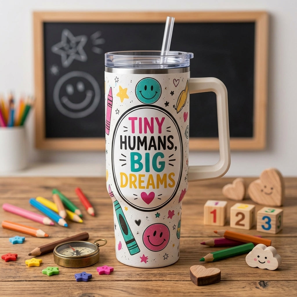 Tiny Humans Big Dreams 40oz Insulated Tumbler with Handle - Personalized Teacher Gift for Back to School