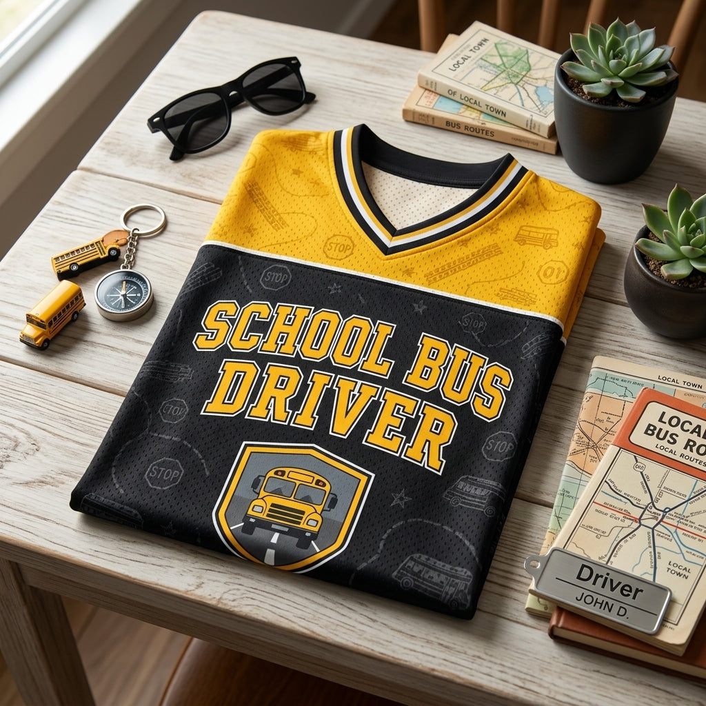 Personalized School Bus Driver Football Jersey - Custom Name & Number Mesh Sporty Jersey
