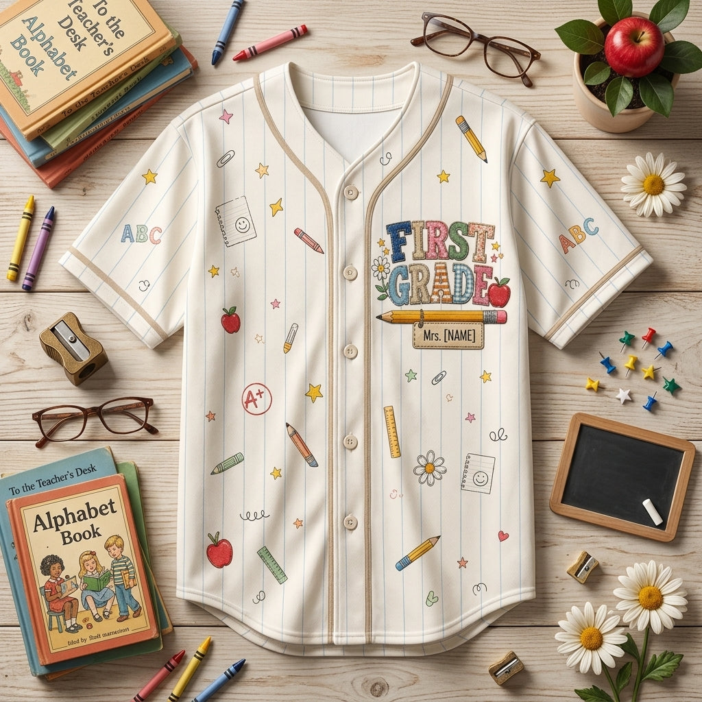 Personalized First Grade Teacher Crew Baseball Jersey - Custom School Spirit Shirt for 1st Grade Educators