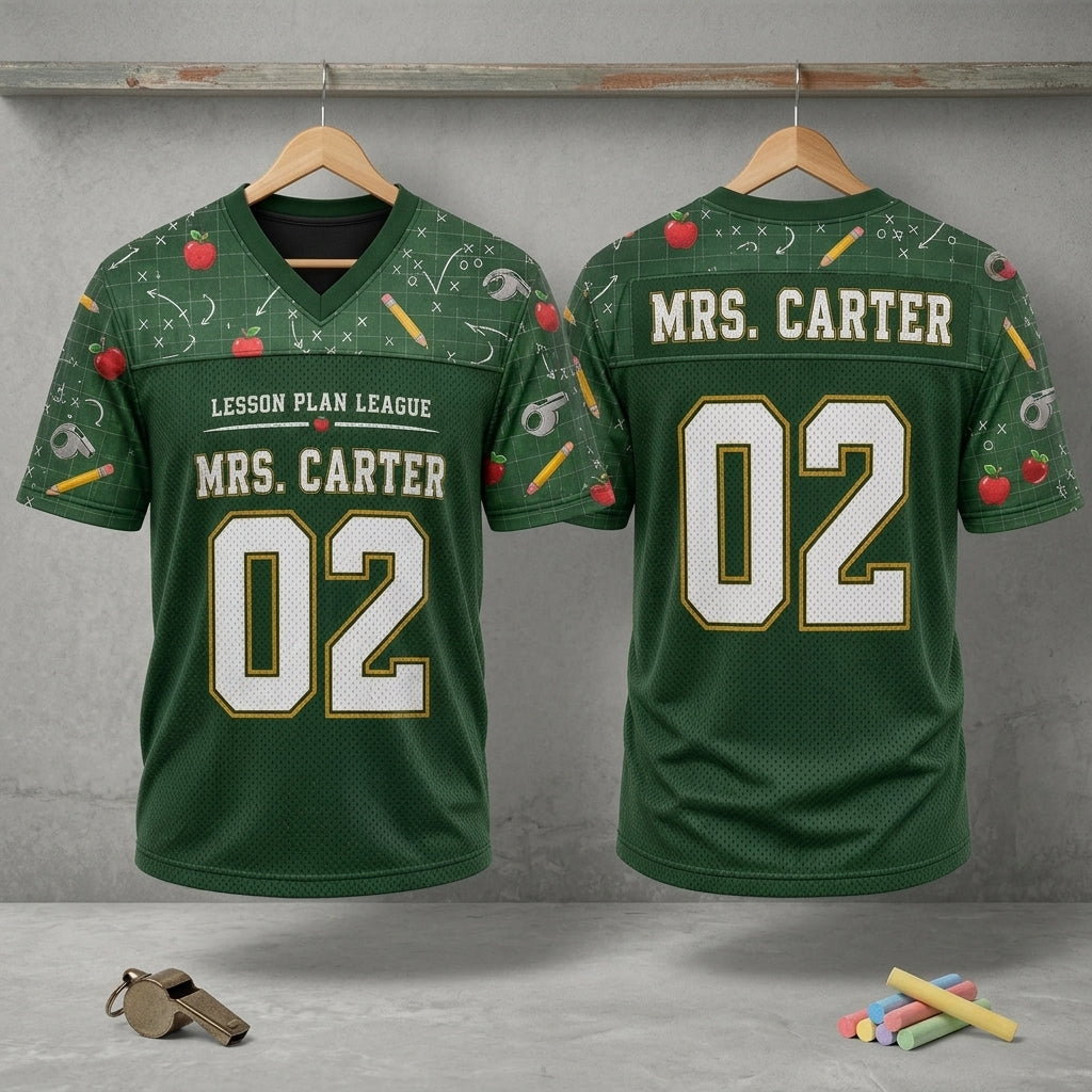 Personalized Teacher Mesh Football Jersey - Custom Name & Number Lesson Plan League Green Athletic Shirt