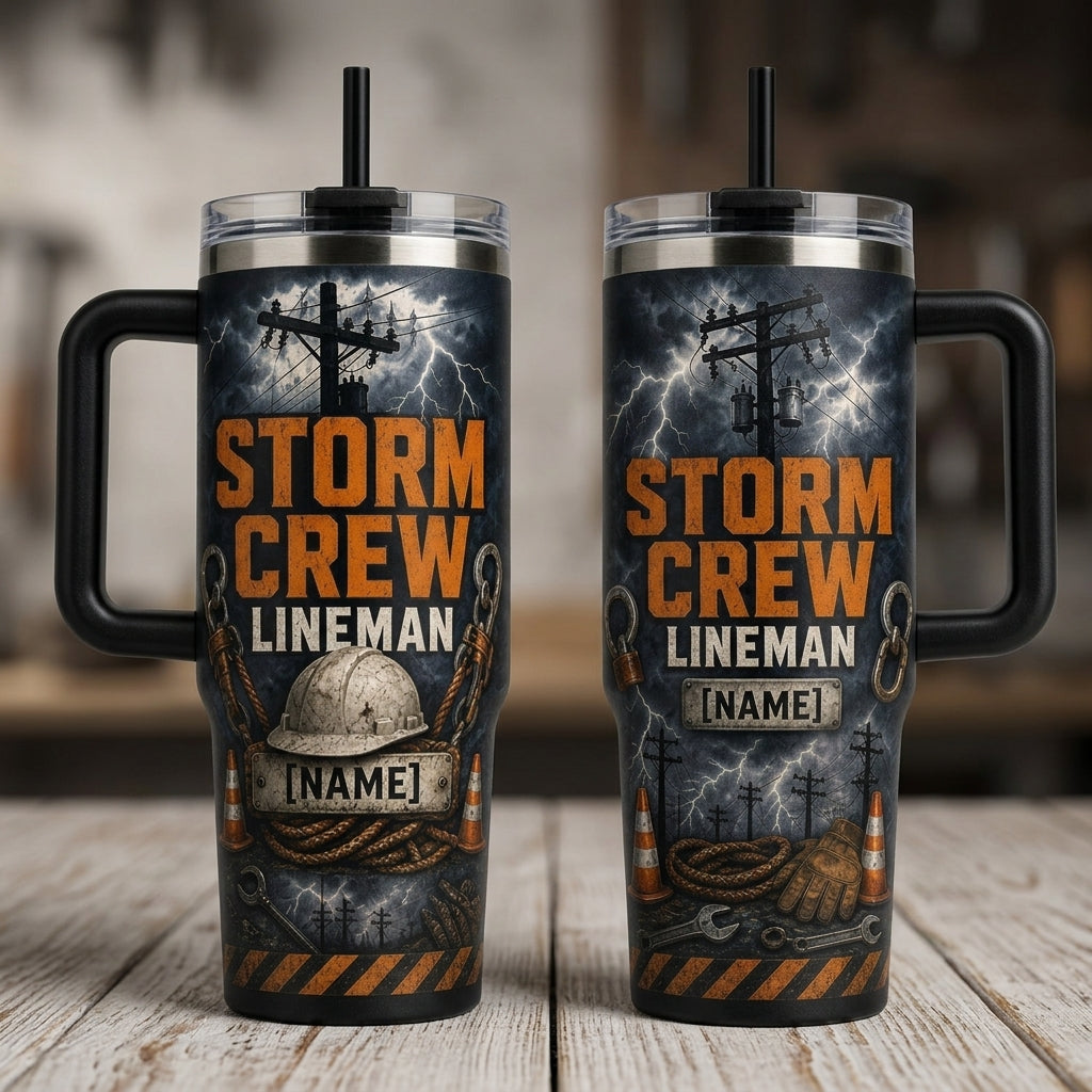 Personalized Lineman Storm Crew 40oz Tumbler with Handle, Custom Name Utility Worker Gift for Men - 40oz tumbler mockup 2