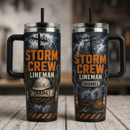 Personalized Lineman Storm Crew 40oz Tumbler with Handle, Custom Name Utility Worker Gift for Men - 40oz tumbler mockup 2