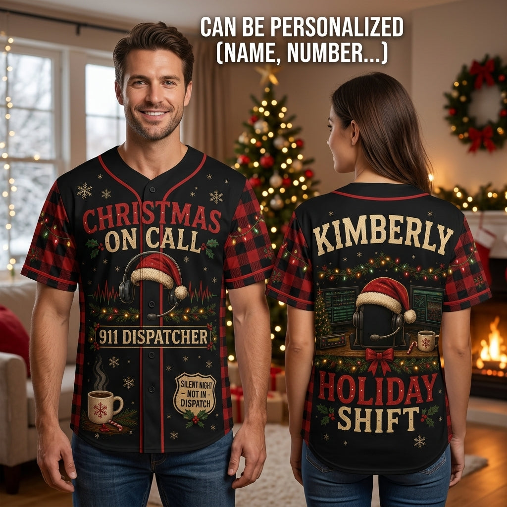 Personalized 911 Dispatcher Christmas On Call Baseball Jersey - Custom Name Holiday Shift Gift