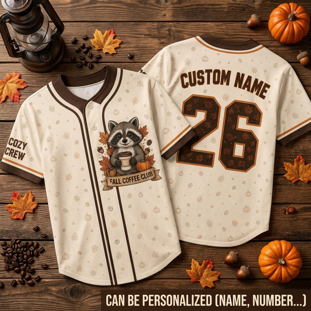 Personalized Fall Coffee Club Raccoon Baseball Jersey - Custom Name & Number Cozy Autumn Apparel for Coffee Lovers