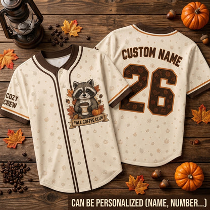 Personalized Fall Coffee Club Raccoon Baseball Jersey - Custom Name & Number Cozy Autumn Apparel for Coffee Lovers