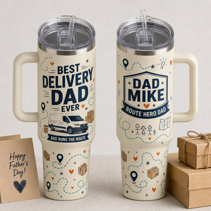 Personalized Best Delivery Dad Ever 40oz Tumbler with Handle - Custom Name Route Hero Gift