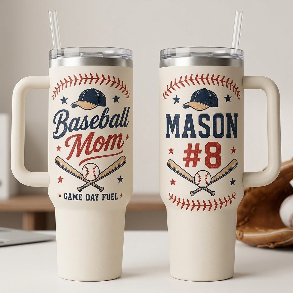 Personalized Baseball Mom 40oz Tumbler with Handle - Custom Name and Number Game Day Fuel Mug