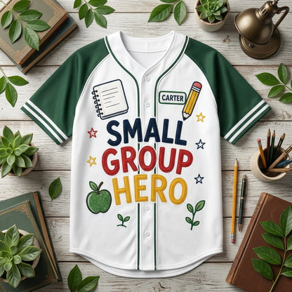 Personalized Small Group Hero Baseball Jersey - Custom Teacher Appreciation Gift - Helping Minds Grow Educator Shirt