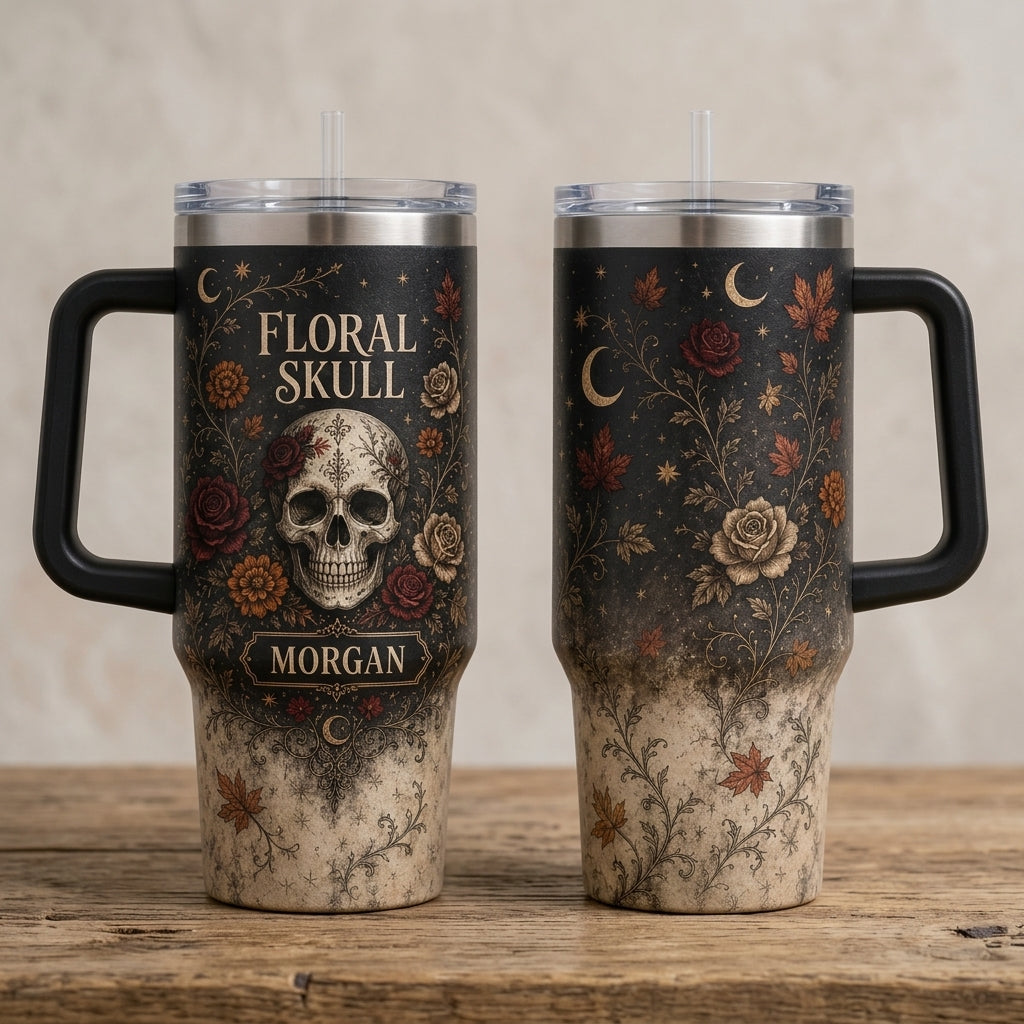 Personalized Floral Skull 40oz Tumbler with Handle, Gothic Rose & Moon Design Custom Name Gift