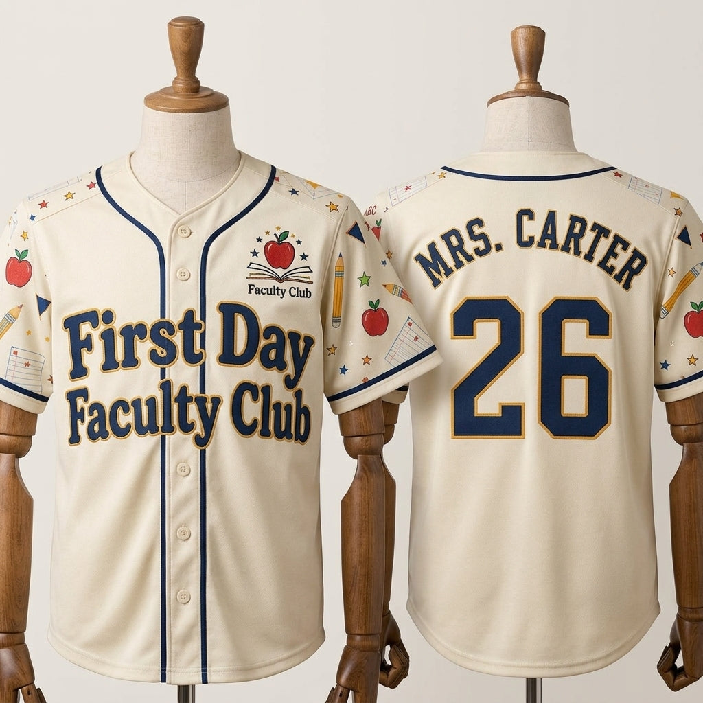 Personalized First Day Faculty Club Teacher Baseball Jersey - Custom Name and Number Teacher Gift