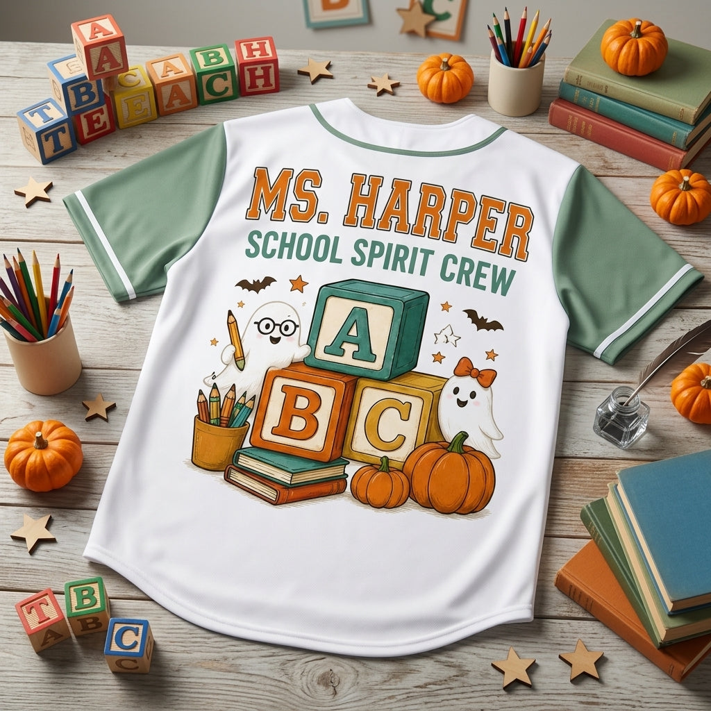 Personalized Teacher Halloween Baseball Jersey - Custom Name School Spirit Crew Pumpkin Alphabet Club Shirt