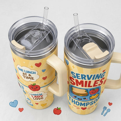 Personalized Lunch Lady Tumbler 40oz with Handle Serving Smiles Custom Name Cafeteria Gift