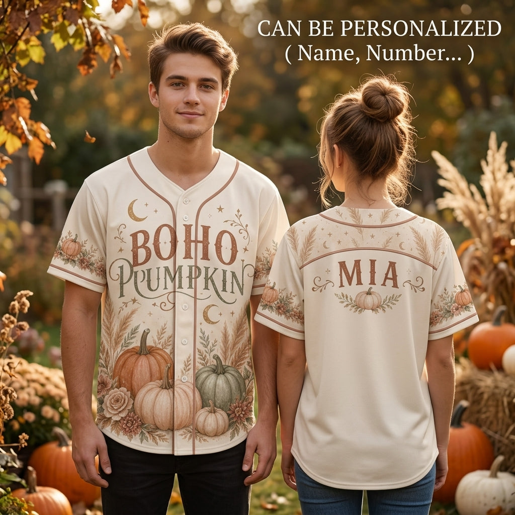 Personalized Boho Pumpkin Baseball Jersey - Custom Name Fall Autumn Aesthetic Shirt for Women