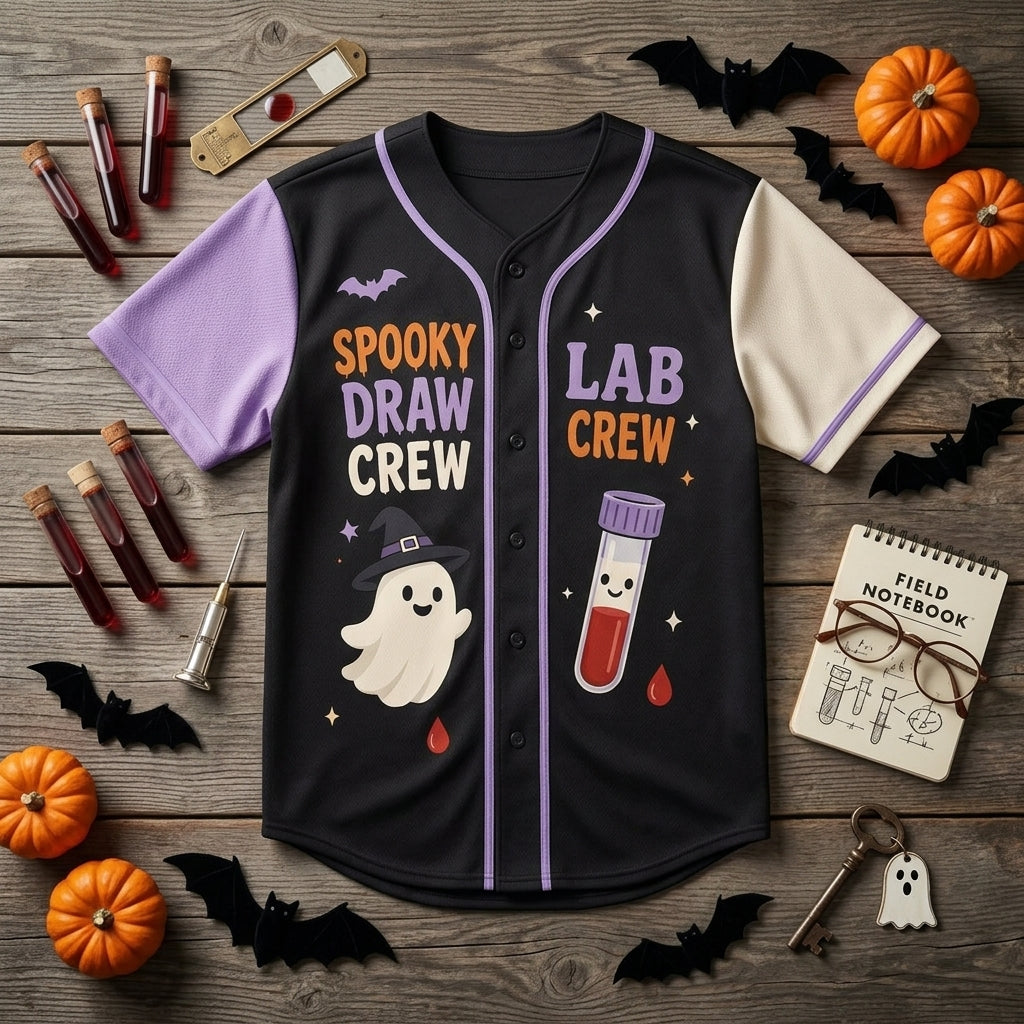 Personalized Spooky Draw Crew Halloween Baseball Jersey - Custom Lab Crew Phlebotomist Gift