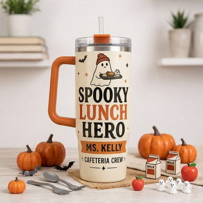 Personalized Spooky Lunch Hero 40oz Tumbler with Handle - Custom Cafeteria Crew Halloween Gift