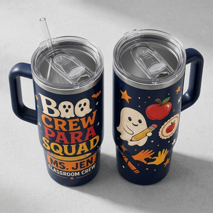 Personalized Boo Crew Para Squad 40oz Tumbler with Handle - Custom Teacher Halloween Paraprofessional Gift
