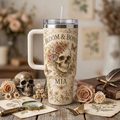 Personalized Bloom & Bones Skull Floral 40oz Tumbler with Handle - Custom Name Vintage Gothic Gift