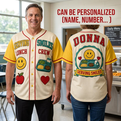 Personalized Serving Smiles Lunch Crew Baseball Jersey - Custom Name School Cafeteria Worker Gift
