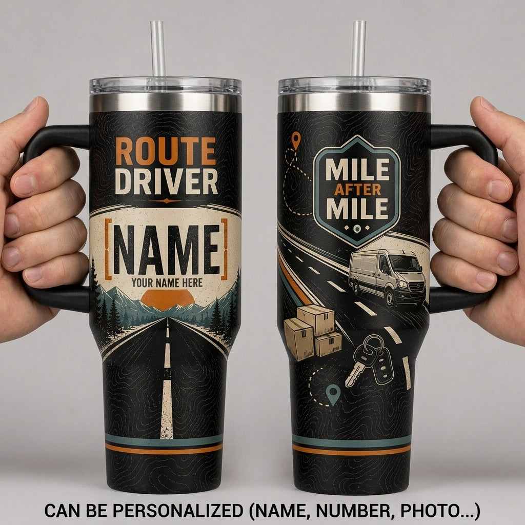 Personalized Route Driver 40oz Tumbler with Handle - Custom Name Delivery Driver Gift - Mile After Mile Travel Mug