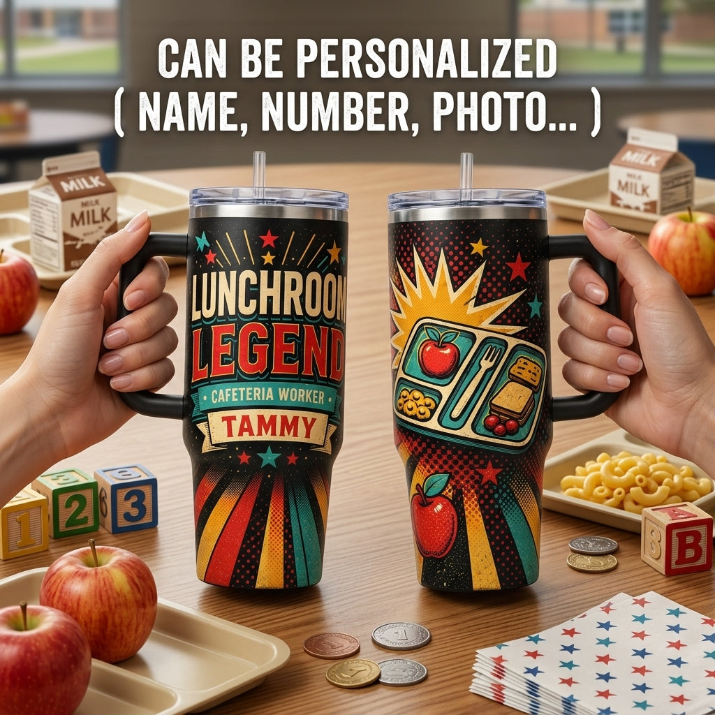 Personalized Lunchroom Legend 40oz Tumbler with Handle, Custom Cafeteria Worker Gift