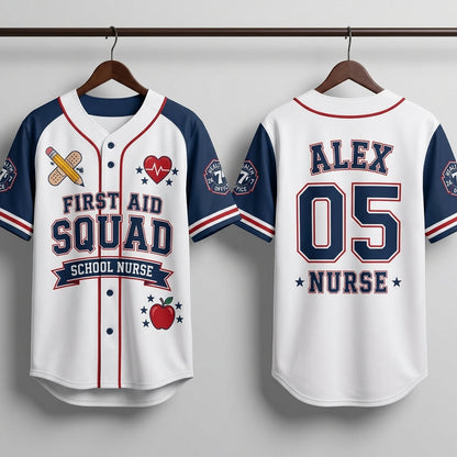 Personalized First Aid Squad School Nurse Baseball Jersey - Custom Name & Number Athletic Shirt for Healthcare Heroes