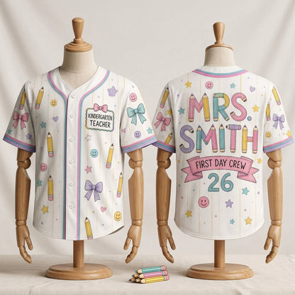 Personalized Kindergarten Teacher Baseball Jersey - Custom Name Mrs Smith First Day Crew Back to School Outfit