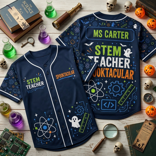 Personalized STEM Teacher Spooktacular Halloween Baseball Jersey - Custom Name Science Technology Math Jersey