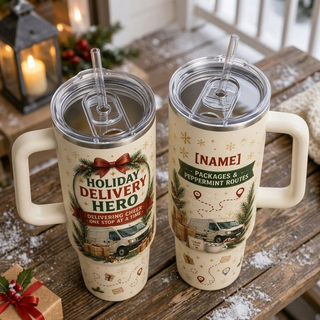 Personalized Holiday Delivery Hero 40oz Tumbler with Handle - Custom Name Christmas Gift for Drivers